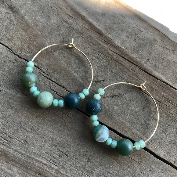 Matte Indian Agate Beaded Gold Plated Hoop Earring - Picture 2 of 8